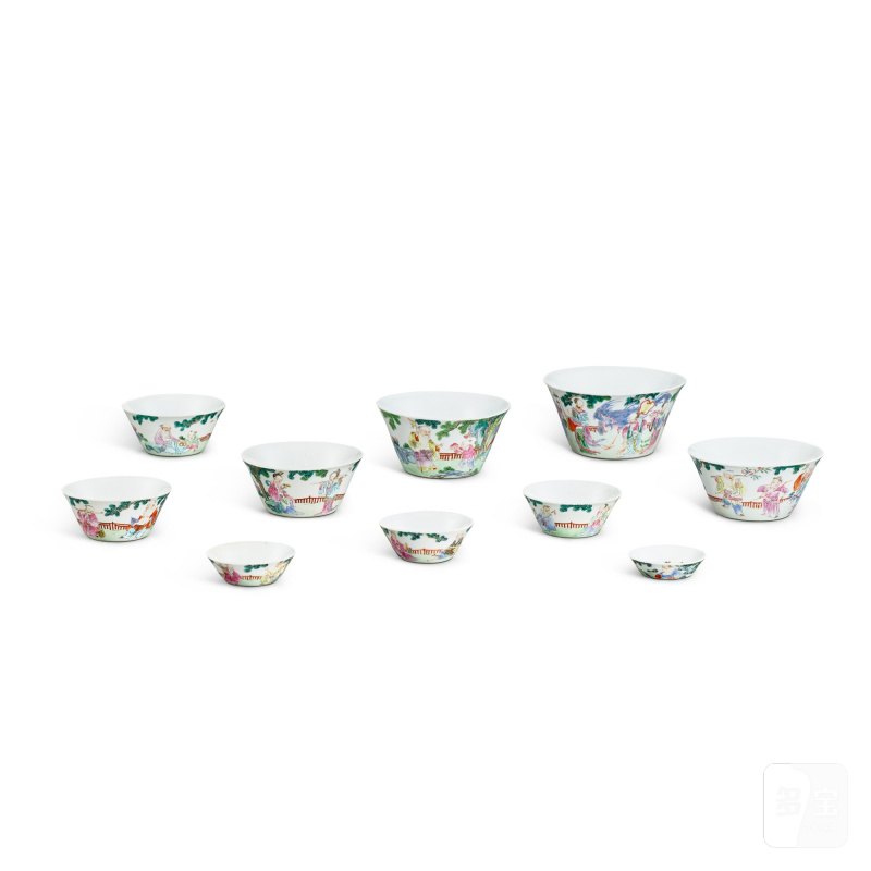 A set of famille-rose 'immortals' cups, Marks and period of Jiaqing | 清嘉慶 粉彩群仙祝壽套杯 《嘉慶年製》款 - 图1